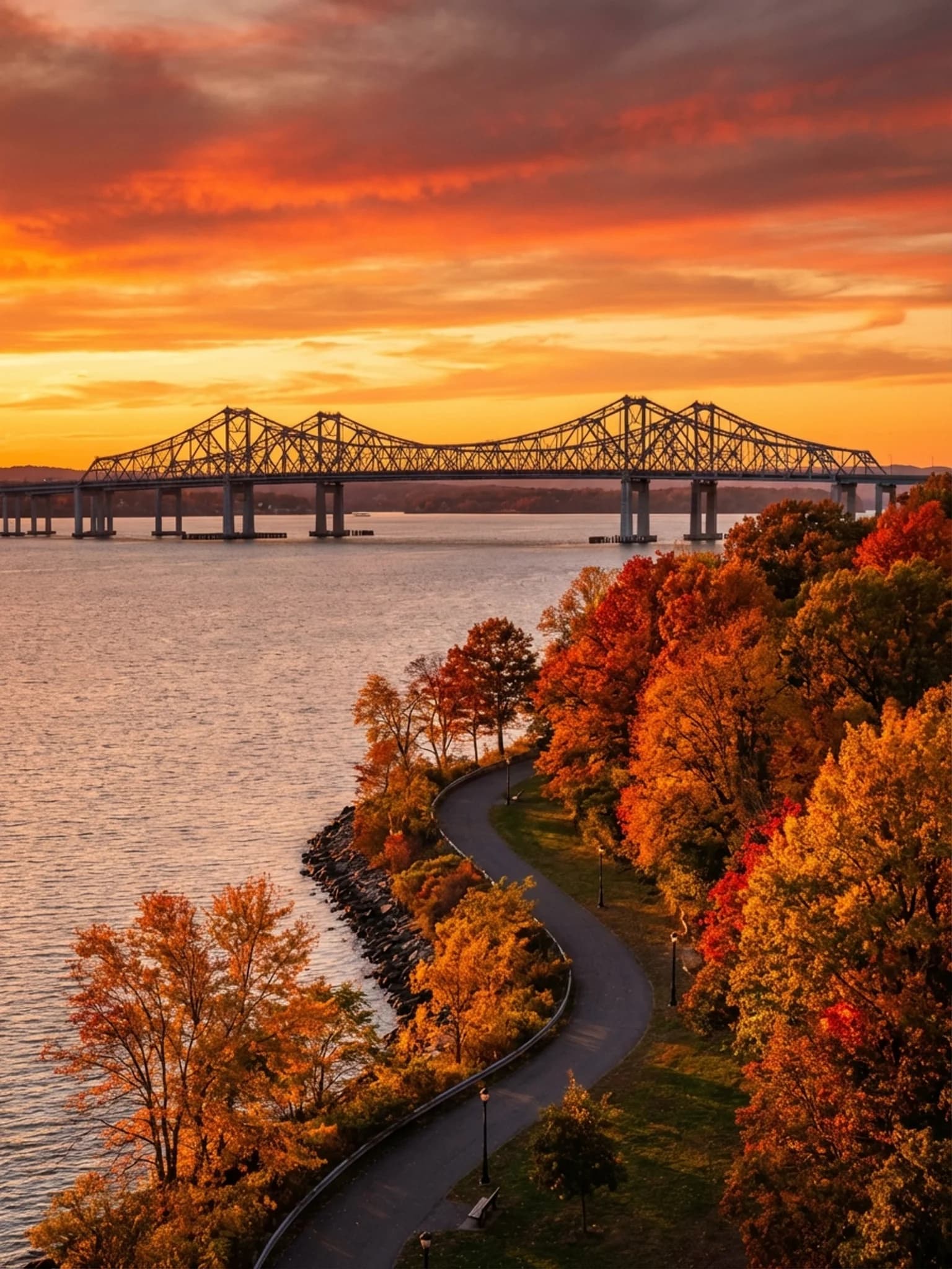 Hudson River bridge at golden hour in Westchester County
